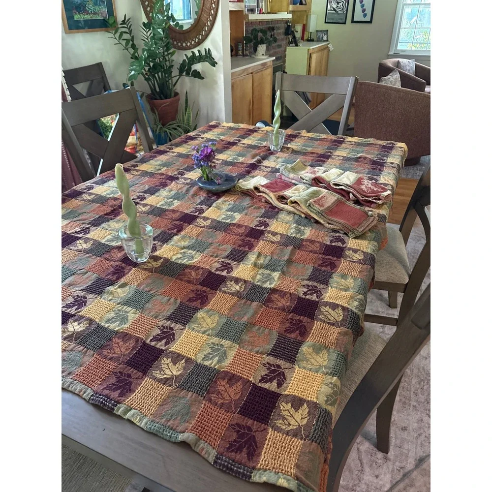 Autumn Leaf Patchwork Woven Jacquard Tablecloth 48x58 8 Napkins Set Earth Tones